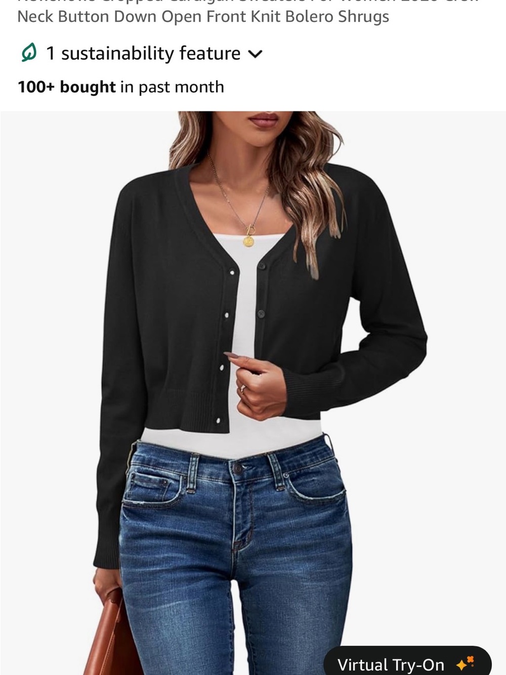 Amazon Black Cropped Button-Up V-Neck Cardigan